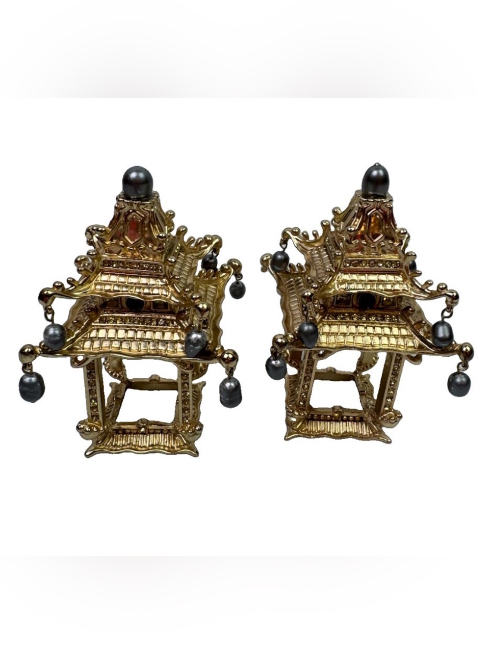 Set 2 L’Objet Pagoda Napkin Jewels Rings Holders 24K Gold Plated Pearls FLAW